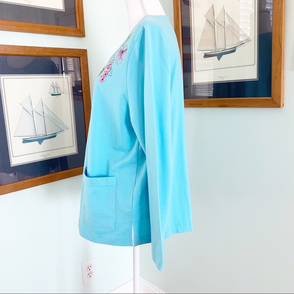🏷️ Palm Harbor Pink Flamingo Embroidered Baby Blue Cardigan Petite Large - Picture 5 of 6